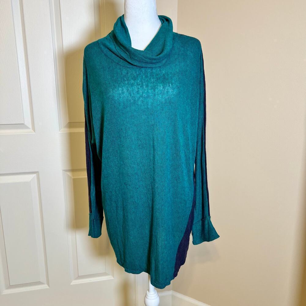 Nic + Zoe Linen Blend Essence Cowl Neck Tunic Jade Green and Navy Size Medium